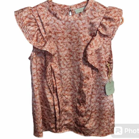 RYEGRASS womens white/copper pattern blouse, ruffle, 100% poly w-137 - Picture 1 of 6